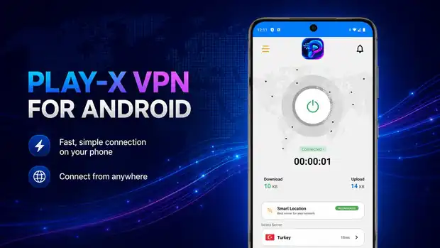 Play-X VPN Android app connect screen with server selection and connection statistics