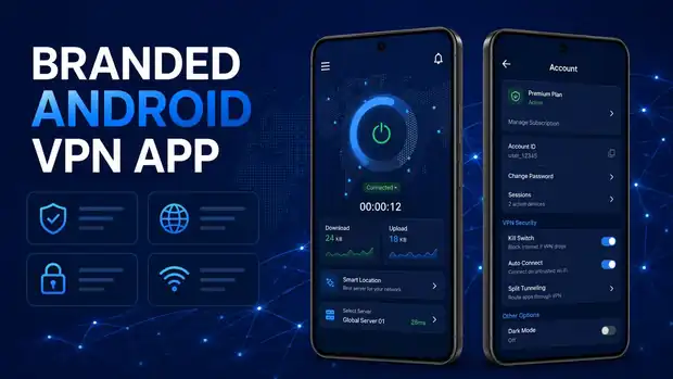 Branded Android VPN app showing the connect screen with download and upload speeds beside the account screen with kill switch and split tunneling