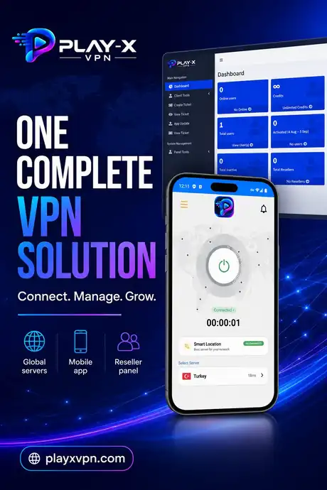 Complete VPN solution promotional graphic showing the admin panel dashboard and the branded mobile app together