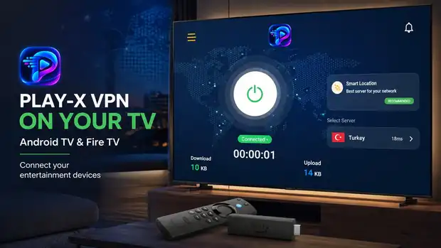 App running on a television with a Fire TV stick and remote, showing large controls suitable for remote navigation