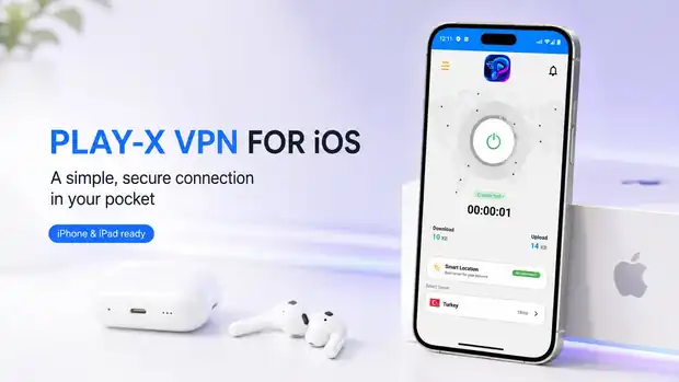 Branded iOS VPN app on an iPhone showing the connect screen, connection timer, download and upload figures and server selection