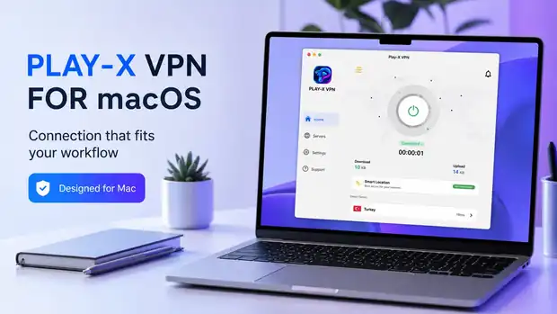 Branded macOS VPN app on a Mac desktop showing the connect screen, smart location and server selection