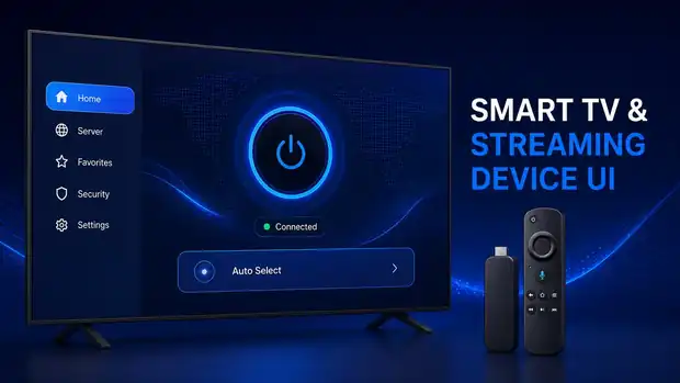 Streaming app interface on a television with sidebar navigation and a large central control, shown with a streaming stick and remote