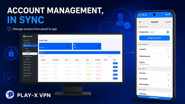 VPN panel user list beside the account screen of the mobile app showing plan status, sessions and VPN security settings