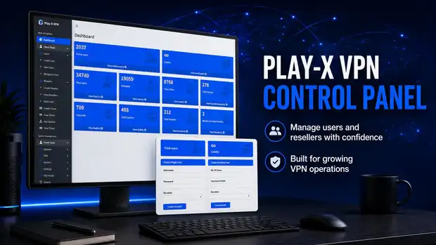PanelVPN control panel dashboard showing online users, credits, total users, active accounts, expired accounts and reseller counts