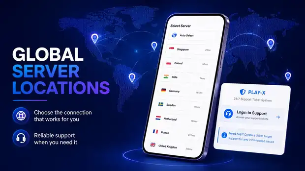 Mobile app server selection list showing global VPN locations with latency figures and a support ticket card