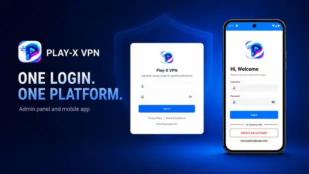 PanelVPN products — admin panel and mobile app login screens