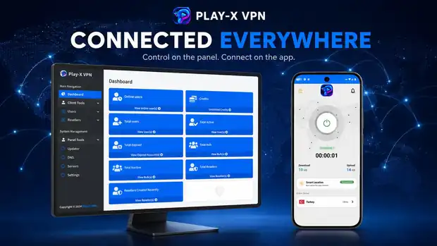 VPN admin panel dashboard on a monitor beside the branded mobile VPN app, both connected to the same system