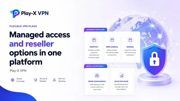 VPN website design showing flexible VPN plan cards for monthly, semi-annual and annual access alongside a reseller program section