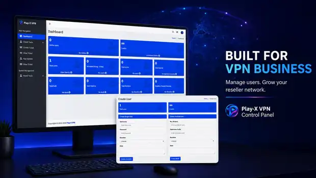 VPN reseller panel dashboard with credits and the create single user and create multiple user forms