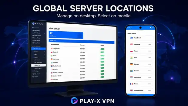 VPN panel server list with countries and online status next to the mobile app server selection screen showing the same locations with latency