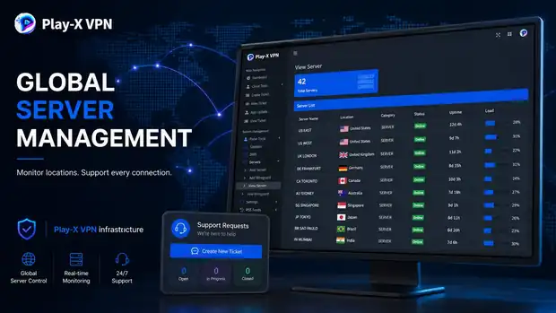 VPN server management screen listing servers by country with online status, uptime and load, next to a support ticket panel