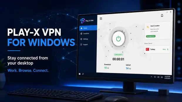 Branded Windows VPN desktop app showing the connect screen with smart location, server selection and connection statistics